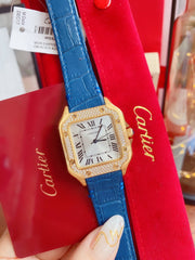 SANTOS LADY 35MM QUARTZ 35MM GOLD CASE DIAMOND BEZEL LEATHER