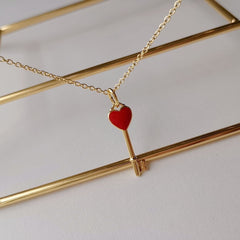 KEY PEDANT CARNELIAN HEART GOLD NECKLACE