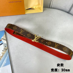 LV INITIALES 30 MM REVERSIBLE BELT IN BROWN MONOGRAM AND CHERRY RED CALFSKIN GOLD HARDWARE