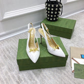 GG HIGH HEEL SLINGBACK WHITE CALFSKIN WITH CHAIN
