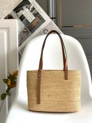 LOEWE 25S BASKET BAG 30 IN NATURAL MIX BROWN RAFFIA CALFSKIN SHOULDER STRAP