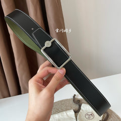 OSCAR BELT BUCKLE & REVERSIBLE OLIVE GREEN AND BLACK LEATHER STRAP 38MM SILVER HARDWARE