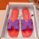 0RAN SANDALS IN VIOLET PURPLE SUEDE AND CHERRY RED CALFSKIN