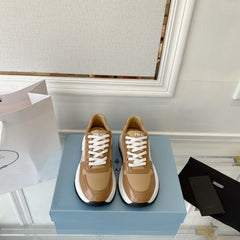 PRADA 25S THICK SOLE SNEAKER IN BROWN CALFSKIN AND CANVAS