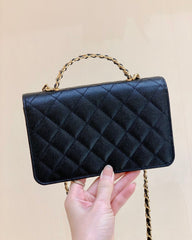 CHANEL 25S TOP HANDLE BAG 19 IN BLACK WALLET ON CHAIN LAMBSKIN
