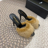 LA 16 HEELED MULES IN DRIED MOSS RABBIT FUR AND SMOOTH LAMBSKIN