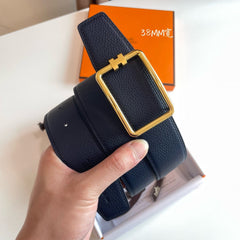 TUBE H BELT GOLD BUCKLE & REVERSIBLE NAVY BLUE LEATHER STRAP 38MM