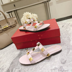 ROMAN STUD LIGHT PINK CALFSKIN FLAT SLIDE SANDAL 25 MM