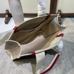 MEDIUM STRAP WOODY TOTE BAG 37 IN BEIGE LINEN CANVAS BLACK WEBBING LOGO EMBROIDER RED CALFSKIN