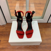 BALMAIN 25S THIN STRAP HIGH HEELS 105MM IN DARK RED SUEDE GOLD HARDWARE