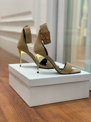 BALMAIN 25S THIN STRAP HIGH HEELS 105MM IN LIGHT MOCHA SUEDE GOLD HARDWARE