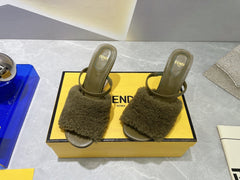 FENDI FIRST HIGH HEEL 95 MM SANDAL IN OLIVE GREEN MINK FUR