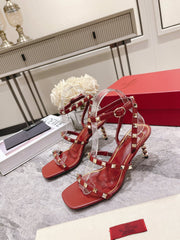 HIGH HEEL 6 CM SANDAL IN RUBY RED LAMBSKIN WITH STUDS