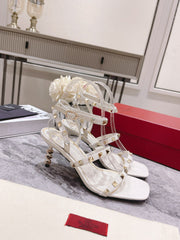 HIGH HEEL 6 CM SANDAL IN WHITE LAMBSKIN WITH STUDS