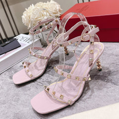 HIGH HEEL 6 CM SANDAL IN LIGHT PINK LAMBSKIN WITH STUDS