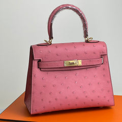 KELLY BAG 20 IN ROUGE PINK OSTRICH LEATHER WITH GOLD HARDWARE