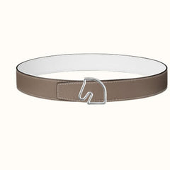 BOUCLE BELT BUCKLE & REVERSIBLE KHAKI BROWN AND WHITE LEATHER STRAP 38MM SILVER HARDWARE
