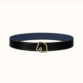 BOUCLE BELT BUCKLE & REVERSIBLE NAVY BLUE AND BLACK AND WHITE LEATHER STRAP 38MM GOLD HARDWARE