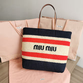 TOTE BAG 40 IN STRIPED PATTERN OF BLACK RED AND CREAM WHITE WOVEN RAFFIA
