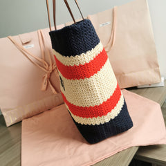 TOTE BAG 40 IN STRIPED PATTERN OF BLACK RED AND CREAM WHITE WOVEN RAFFIA