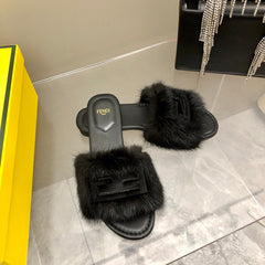 FENDI BAGUETTE MINK SLIDE SLIPPER IN BLACK FUR
