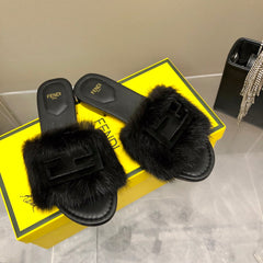 FENDI BAGUETTE MINK SLIDE SLIPPER IN BLACK FUR