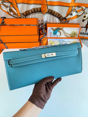 KELLY CUT 31 IN AZURE BLUE CALFSKIN WITH SILVER HARDWARE