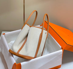 GARDEN PARTY 36CM IN WHITE TOILETS COTTON CANVAS AND BROWN CALFSKIN