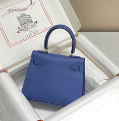 KELLY MINI 20 BAG IN AZURE BLUE CALFSKIN WITH GOLD HARDWARE