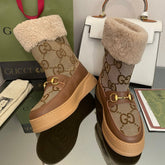 HORSEBIT SNOW ANKLE BOOTS IN ECRU BEIGE MONOGRAM JACQUARD FABRIC MIX BROWN CALFSKIN AND LAMB WOOL LINING