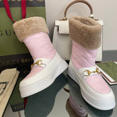 HORSEBIT ANKLE BOOTS WITH MERINO TRIM IN LIGHT PINK NYLON MIX WHITE CALFSKIN