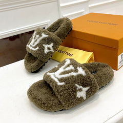 LV FLAT SLIPPER IN ARMY GREEN MIX WHITE SHEARLING