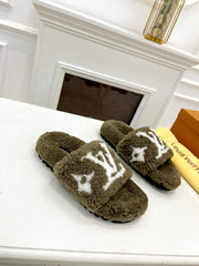 LV FLAT SLIPPER IN ARMY GREEN MIX WHITE SHEARLING