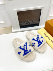 LV FLAT SLIPPER IN WHITE MIX COBALT BLUE SHEARLING