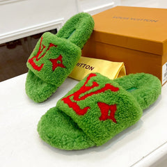 LV FLAT SLIPPER IN LAWN GREEN MIX CHERRY RED SHEARLING