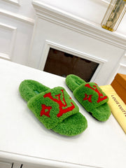 LV FLAT SLIPPER IN LAWN GREEN MIX CHERRY RED SHEARLING