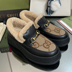 GG LOAFER IN PEANUT BROWN JACQUARD AND BLACK CALFSKIN WITH BEIGE WOOL LINING