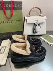 GG LOAFER IN BLACK JACQUARD AND CALFSKIN WITH BEIGE WOOL LINING