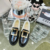 VIV' RANGERS LOAFERS IN BLACK PATENT CALFSKIN FLEECE LINING GOLD BUCKLE