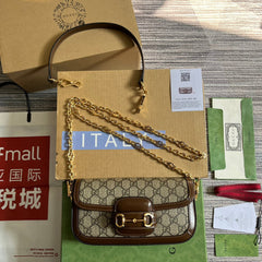 GG HORSEBIT 1955 BAG 24 IN BEIGE CANVAS AND BROWN CALFSKIN