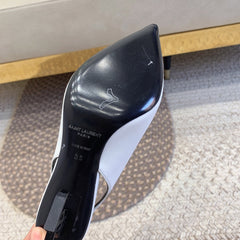 OPYUM BLACK HEEL SLINGBACK PUMPS IN WHITE SMOOTH LAMBSKIN