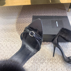 HIGH HEEL SANDAL IN BLACK POLISHED CALFSKIN AND MINK FUR