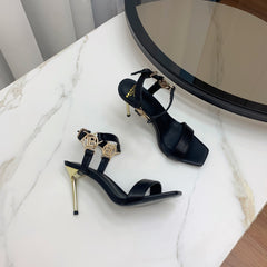 BALMAIN 25S HIGH HEELS WITH B METAL DETAIL 95MM IN BLACK CALFSKIN