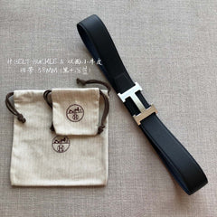 HM BELT BUCKLE & REVERSIBLE BLACK LEATHER STRAP 38MM SILVER HARDWARE