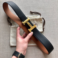 HM BELT BUCKLE & REVERSIBLE BLACK AND BRONZE BROWN LEATHER STRAP 38MM GOLD HARDWARE