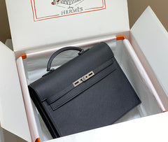 KELLY DEPECHES 34 BRIEFCASE IN BLACK TOGO CALFSKIN SILVER HARDWARE