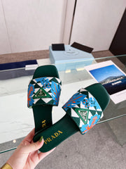 PRA EMBROIDERED SLIDES FLAT CASTLETON GREEN FABRIC