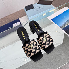 PRA EMBROIDERED SLIDES 65 BLACK AND BEIGE FABRIC