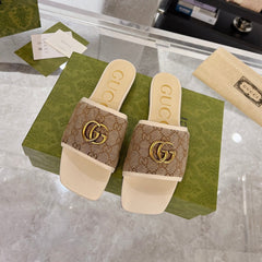 GG EXCLUSIVE SLIDE SANDAL IVORY AND BROWN FABRIC