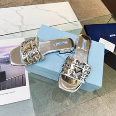 PRA EMBROIDERED SLIDES FLAT SILVER CALFSKIN